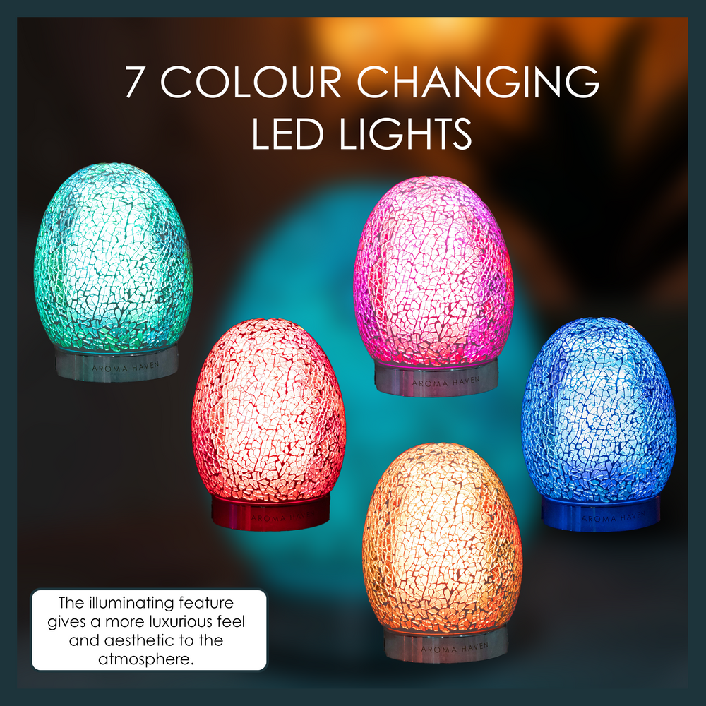 LED light aroma diffusers in various colors, red, blue, green, and pink, enhance atmosphere with luxury.