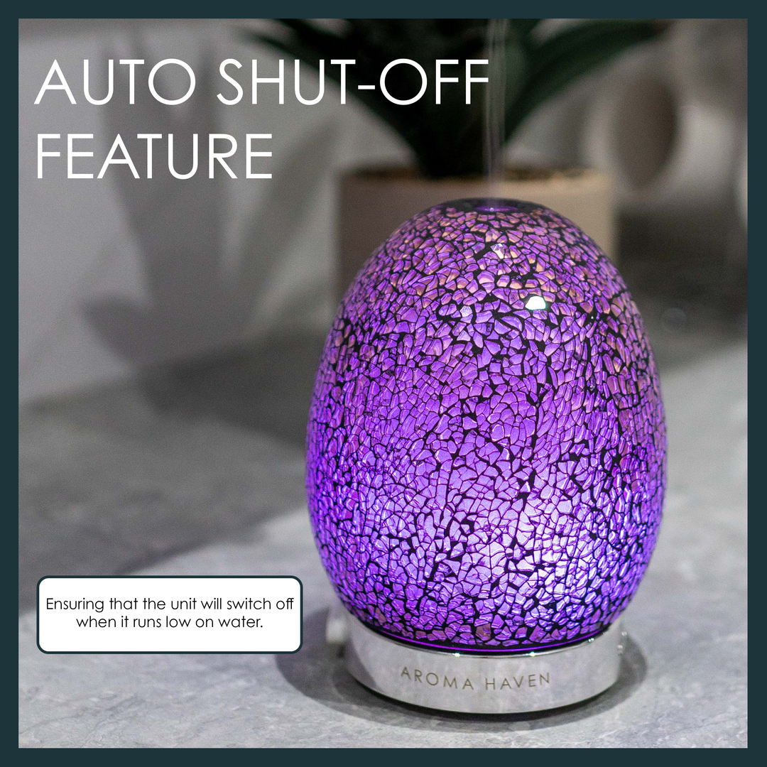 Auto shut-off aroma diffuser, elegant mosaic design, automatically stops when water is depleted.