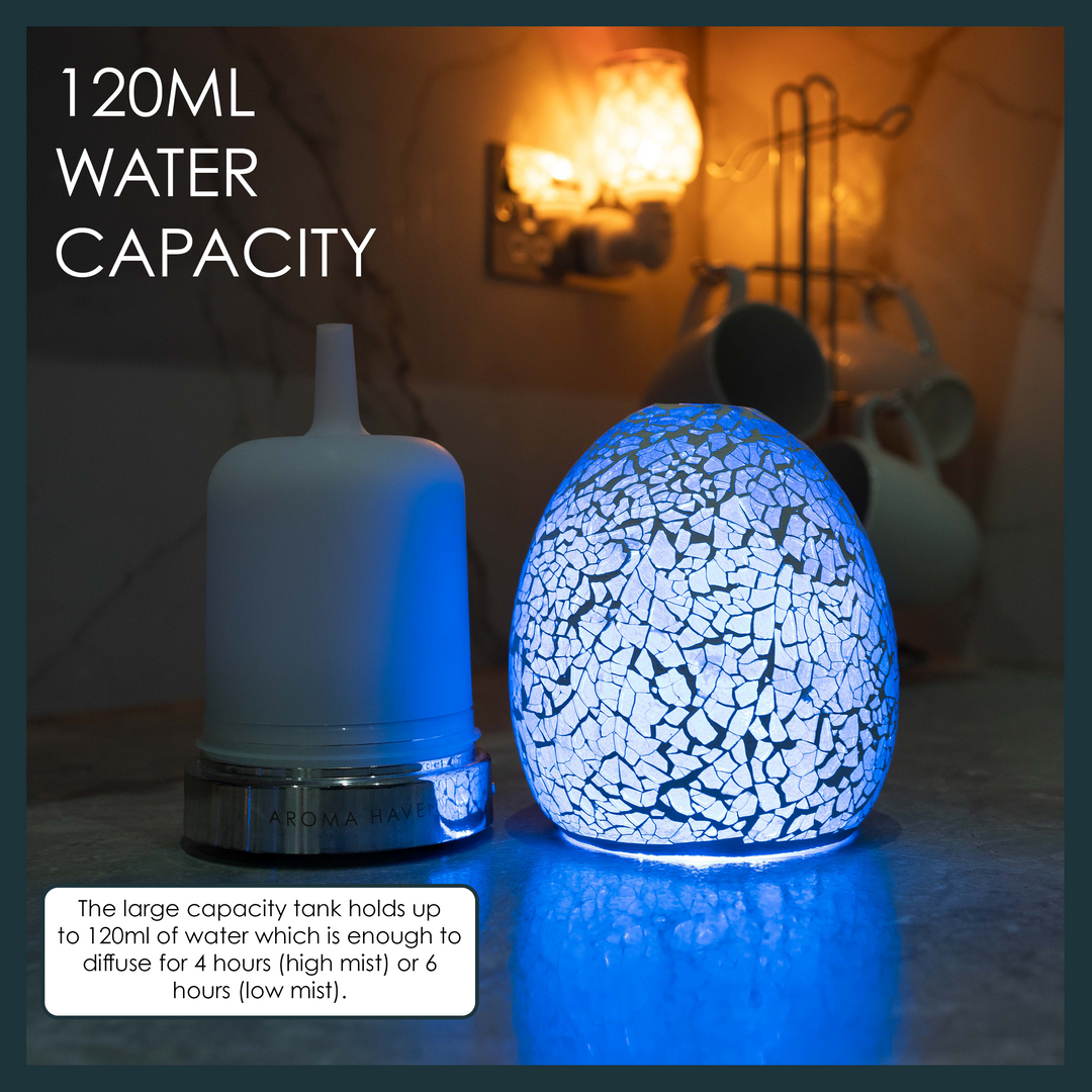 120ml water capacity diffuser in blue, offers 4 to 6 hours of customizable mist diffusion.