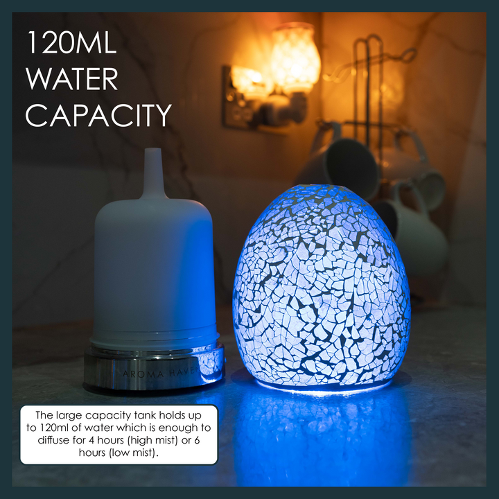 120ml water capacity diffuser in blue, offers 4 to 6 hours of customizable mist diffusion.