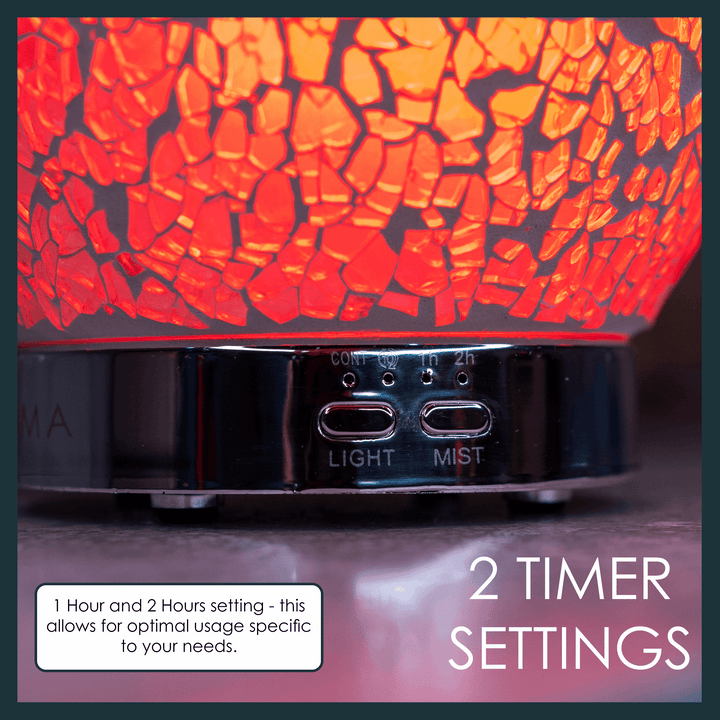 Elegant mosaic diffuser with 1-hour and 2-hour timer settings, perfect for personalized usage.