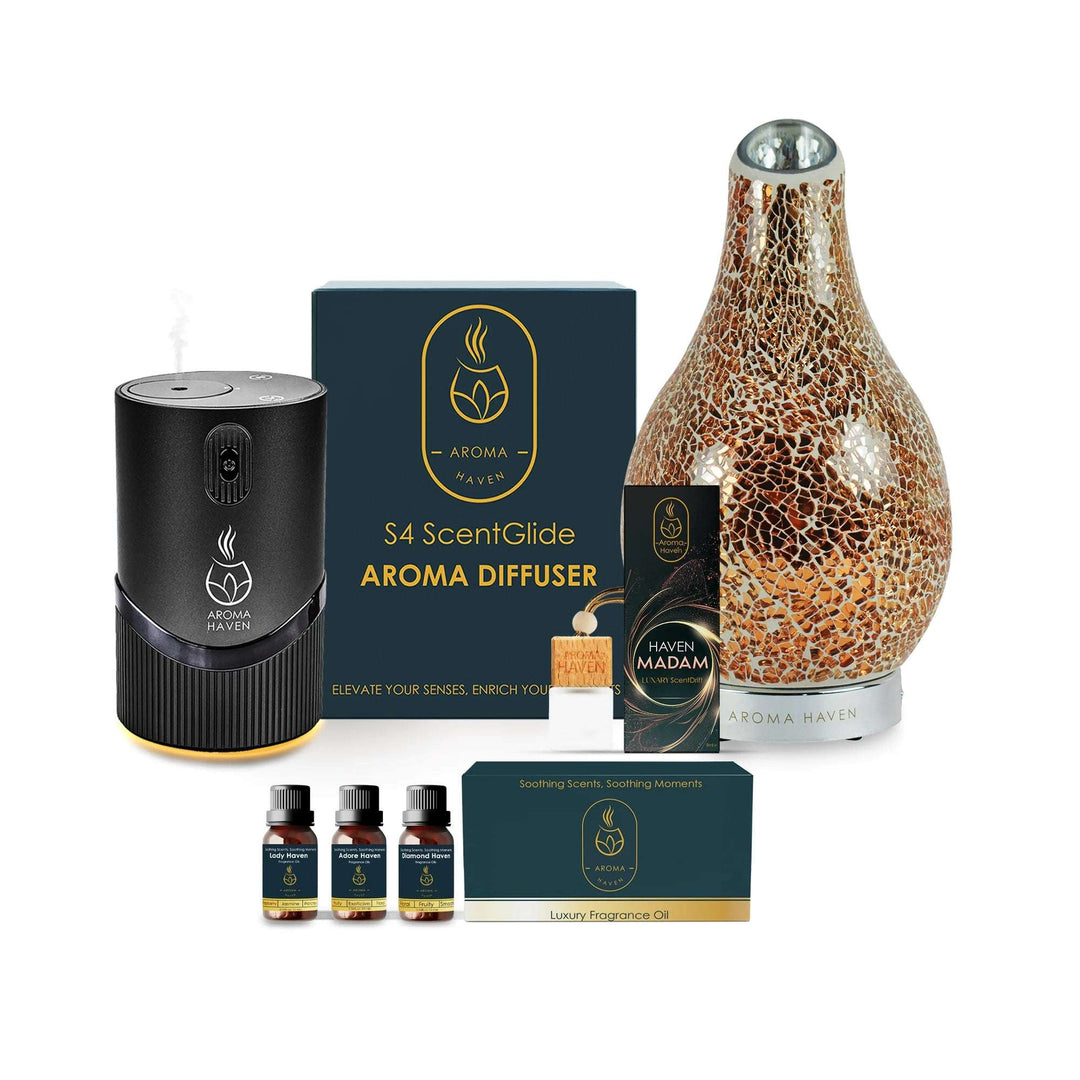 waterless oil diffuser with s1 ultrasonic diffuser, oil set, car hanging fragrance wellbeing bundles