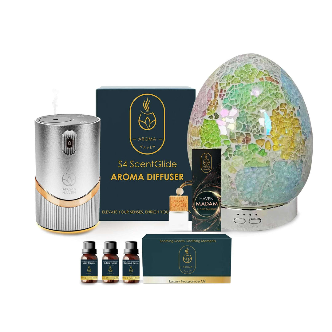 waterless oil diffuser with s3 pear forst ultrasonic diffuser, oils set, car freshener wellbeing bundles