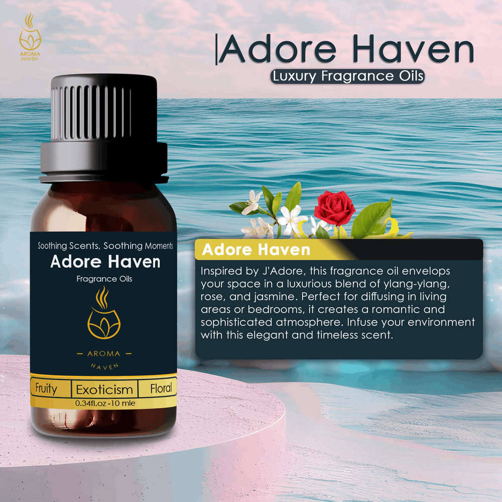 Adore Haven fragrance oil for women, inspired by J'Adore, with ylang-ylang, rose, jasmine scents, great for diffusers
