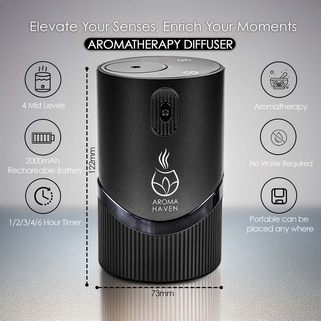 Aroma Haven S4 ScentGlide waterless aromatherapy diffuser with 4 mist levels and 2000mAh battery.