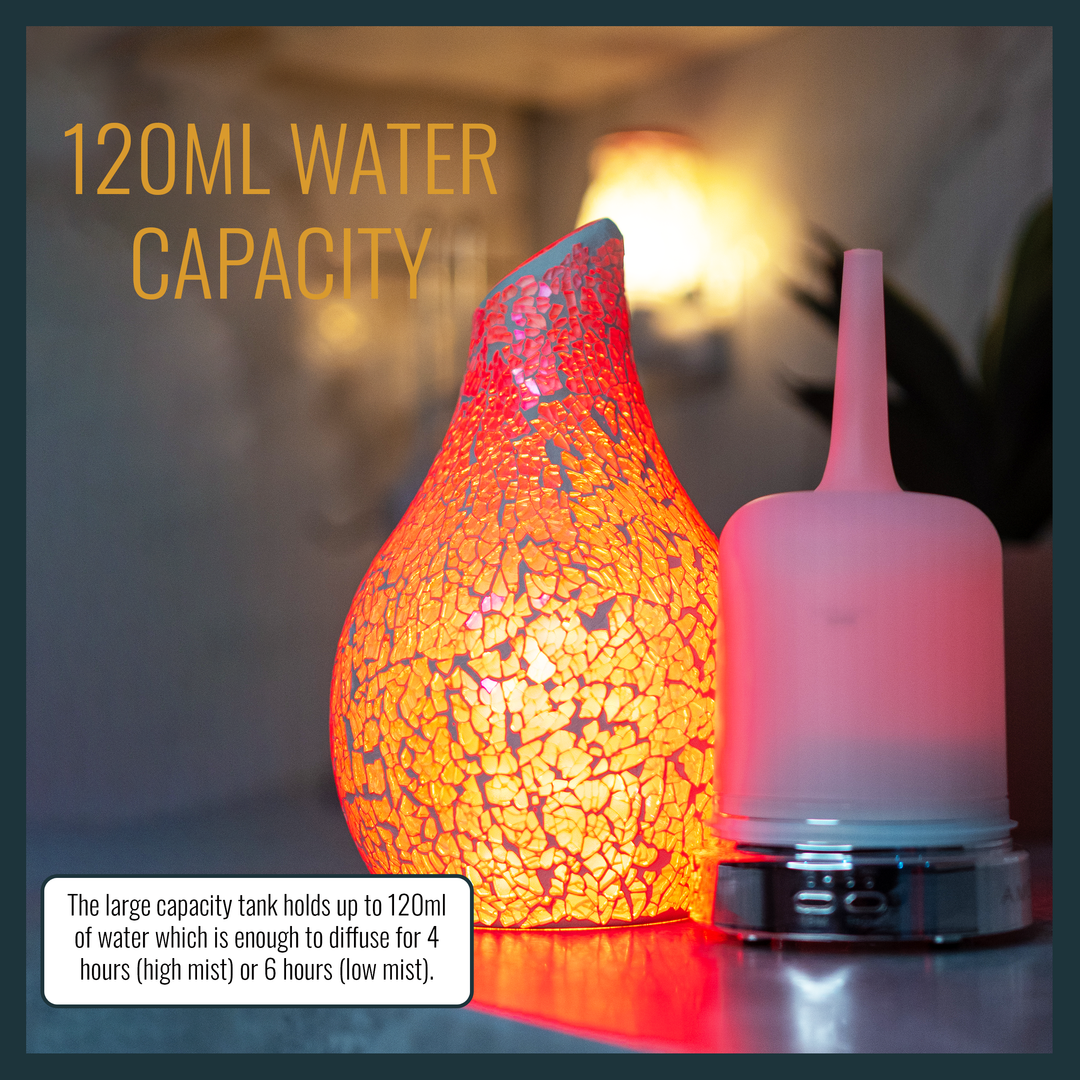 Diffuser with 120ml capacity, producing a warm glow and offering 4 to 6 hours of continuous mist for relaxation and comfort.