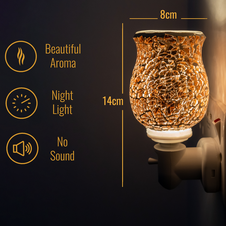 14cm tall and 8cm wide mosaic plug-in wax warmer, features aroma, night light, and silent operation.