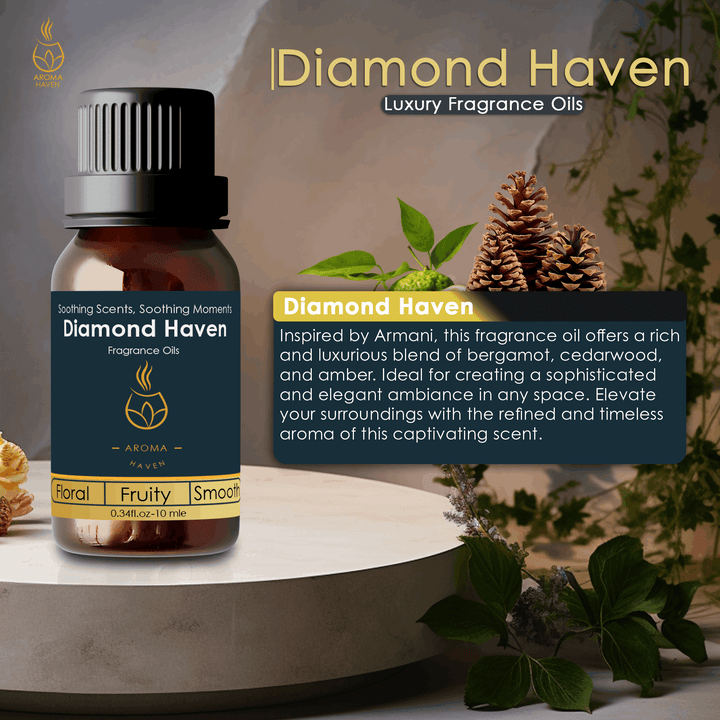 Diamond Haven fragrance oil for women, inspired by Armani, with bergamot, cedarwood, amber scents, perfect for diffusers.