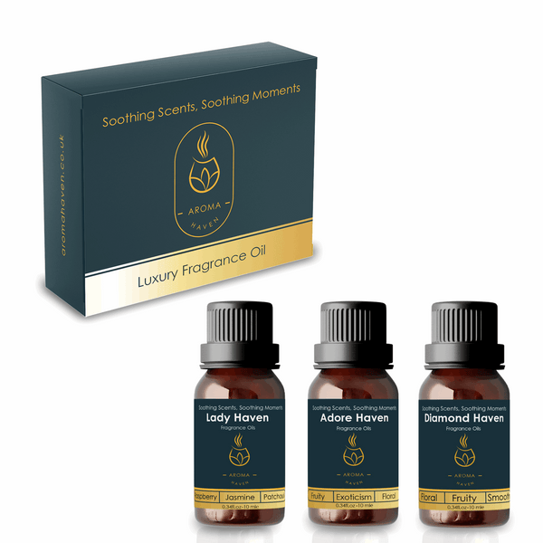 Aroma Haven women's set of three fragrance oils: Lady Haven, Adore Haven, Diamond Haven, ideal for diffuser and plug-in warmer.