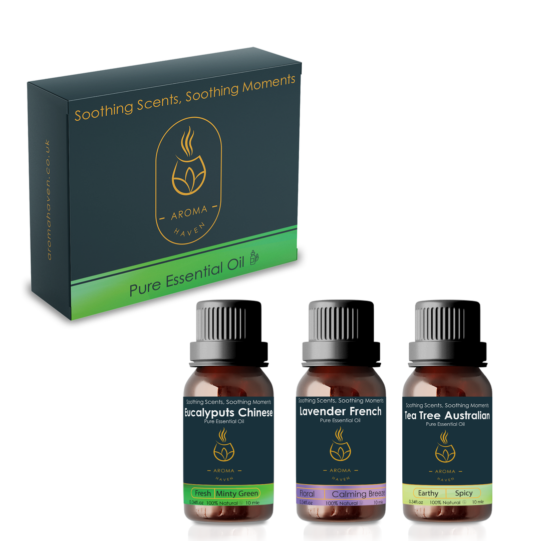 Aroma Haven set of three essential oils: Eucalyptus, Lavender, Tea Tree, perfect for diffuser and plug-in warmer