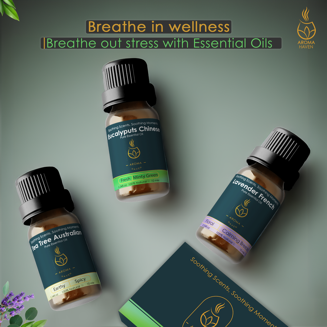 Essential oils for electric diffusers, including Eucalyptus Chinese, Lavender French, and Tea Tree Australian.