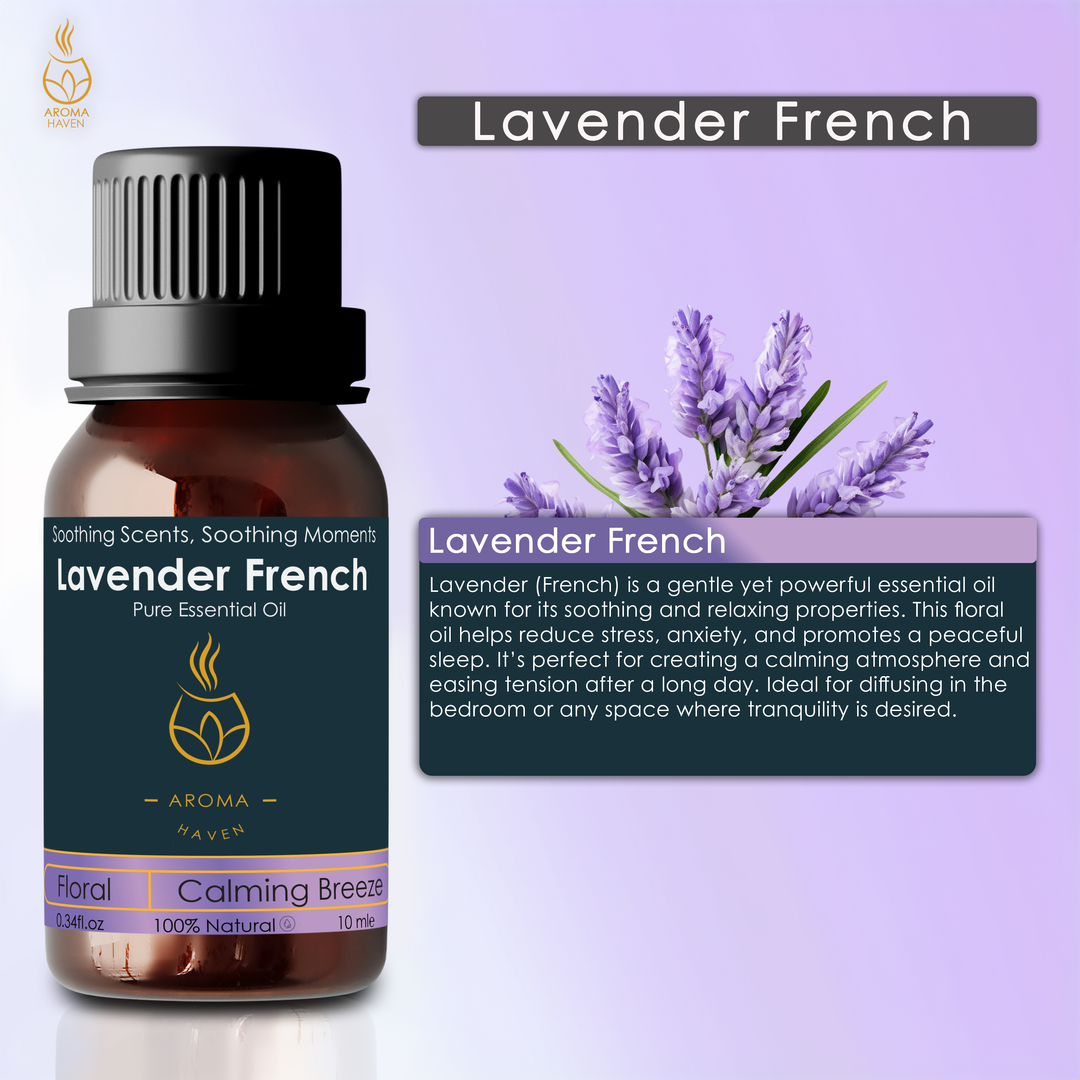 Lavender French Essential Oil by Aroma Haven, 10 ml bottle, floral calming scent for aroma diffusers and electric diffusers.