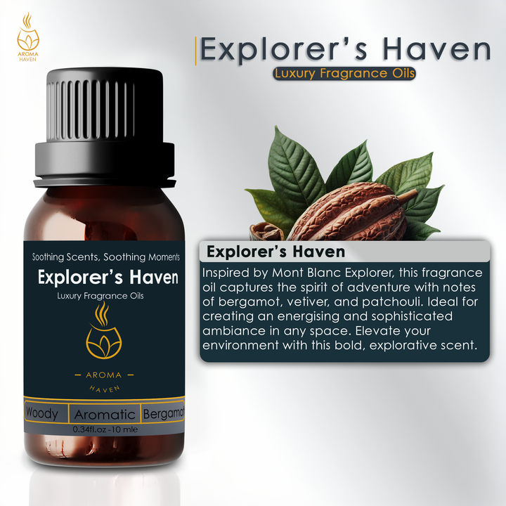 Aroma Haven's Explorer's Haven diffuser oil creates an energizing ambiance with bergamot, vetiver, and patchouli.