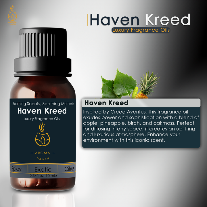 Haven Kreed diffuser oil by Aroma Haven with notes of apple, pineapple, birch, and oakmoss, inspired by Creed Aventus.