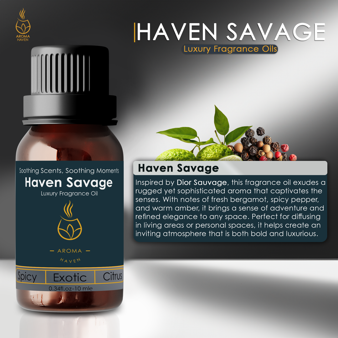 Luxury Haven Savage diffuser oil, blending bergamot, spicy pepper, and amber for a sophisticated aroma.