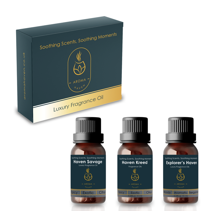 Aroma Haven men's set of three fragrance oils: Haven Savage, Haven Kreed, Explorer's Haven, great for diffuser and plug-in warmer.