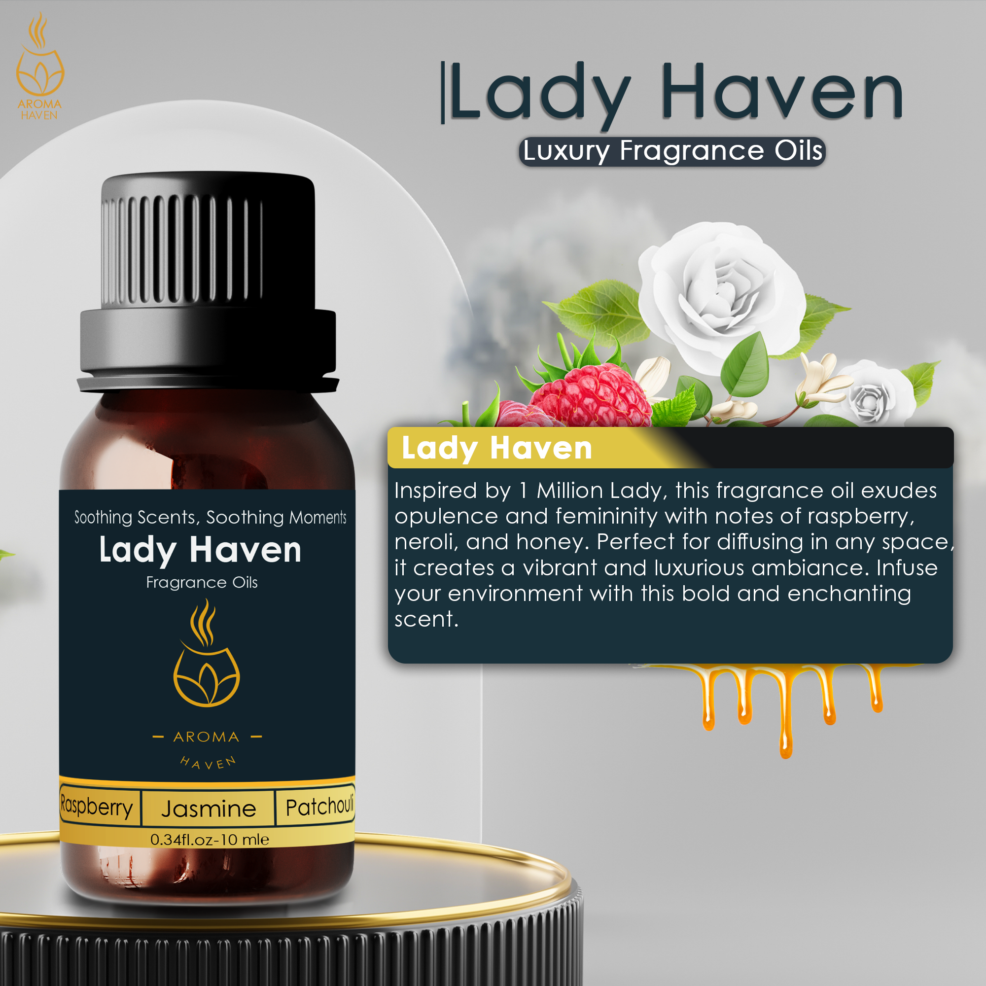 Lady Haven fragrance oil for women, inspired by 1 Million Lady, with raspberry, neroli, honey scents, ideal for diffusers.