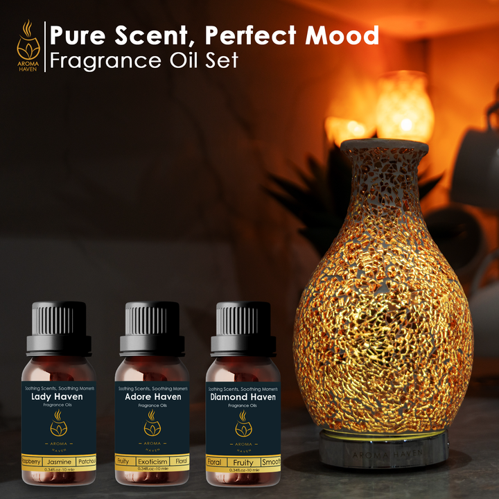 Aroma Haven Women's Fragrance Oil Set for plug-in warmers, featuring Lady Haven, Adore Haven, and Diamond Haven oils.