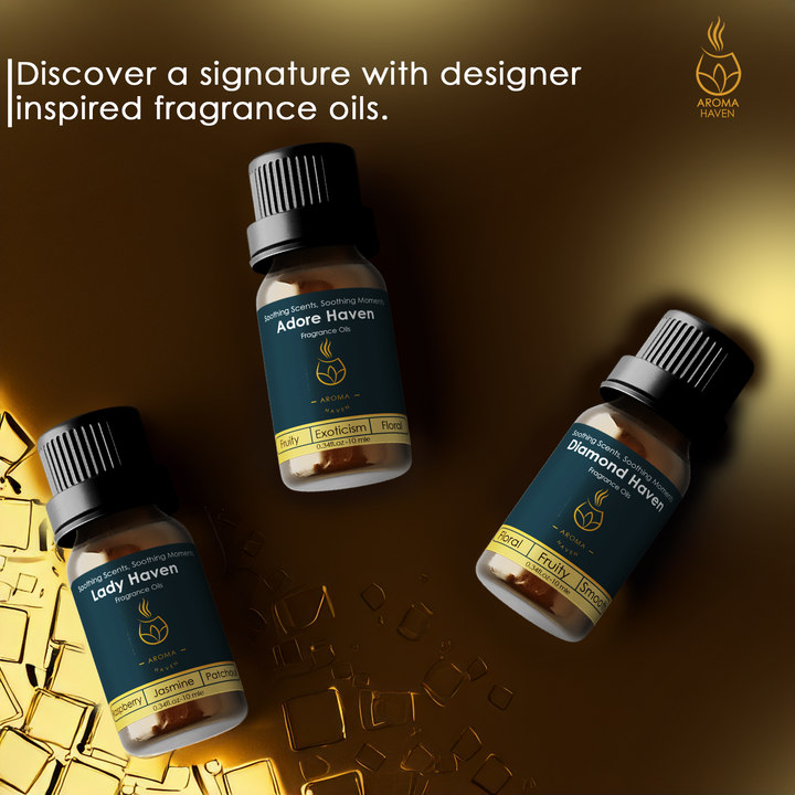 Designer-inspired fragrance oils for electric diffusers, including Adore Haven, Diamond Haven, and Lady Haven.