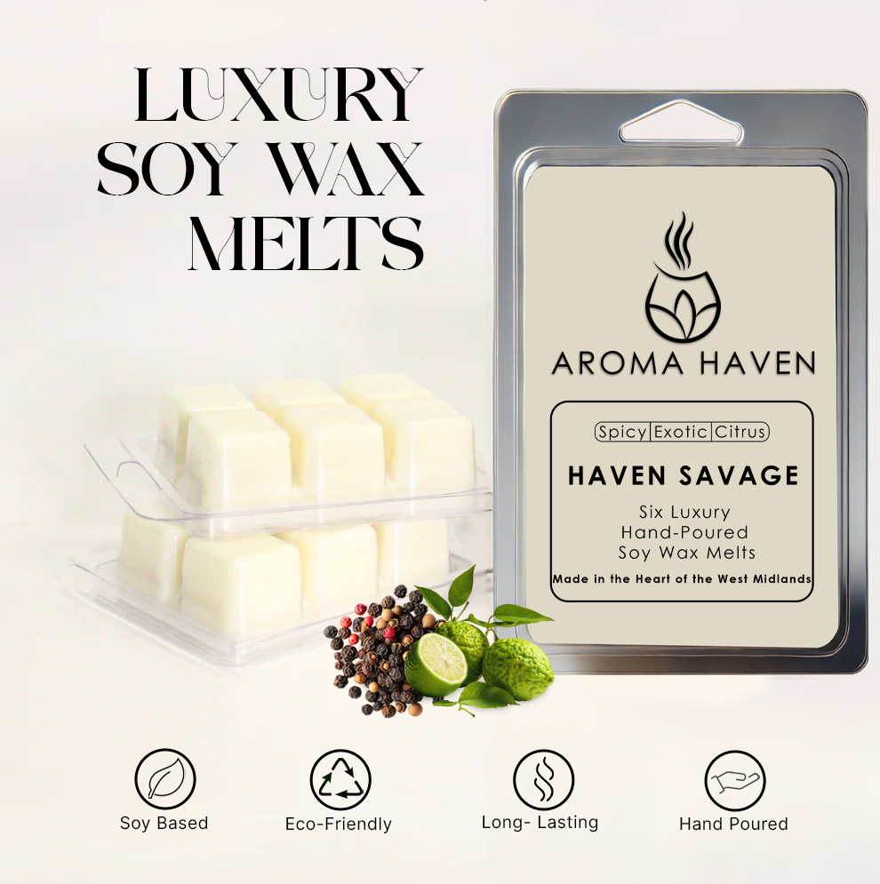 Aroma Haven soy wax melts packaging with product and branding details.