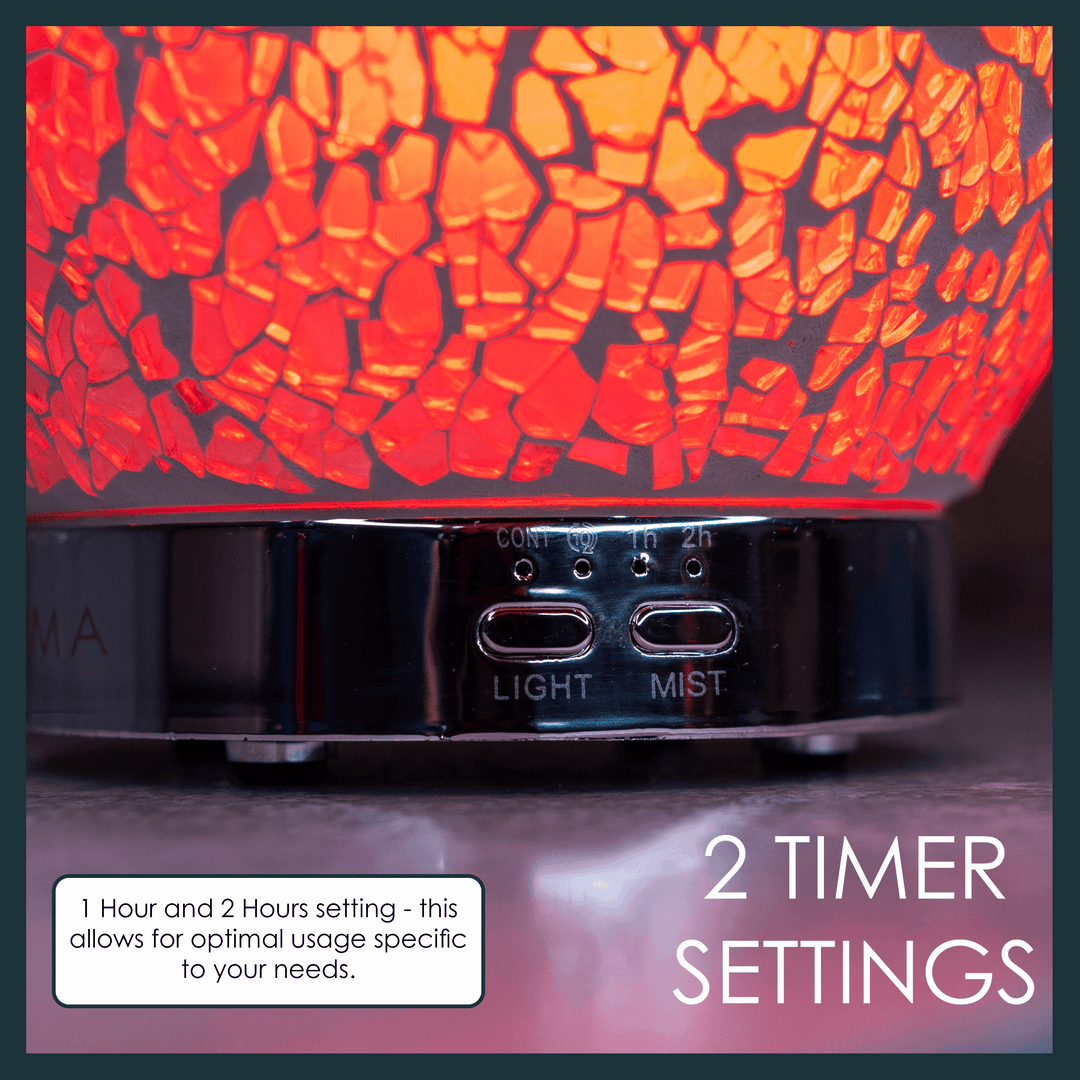 Aroma diffuser with timer settings for 1 and 2 hours, vibrant mosaic design, light and mist buttons.