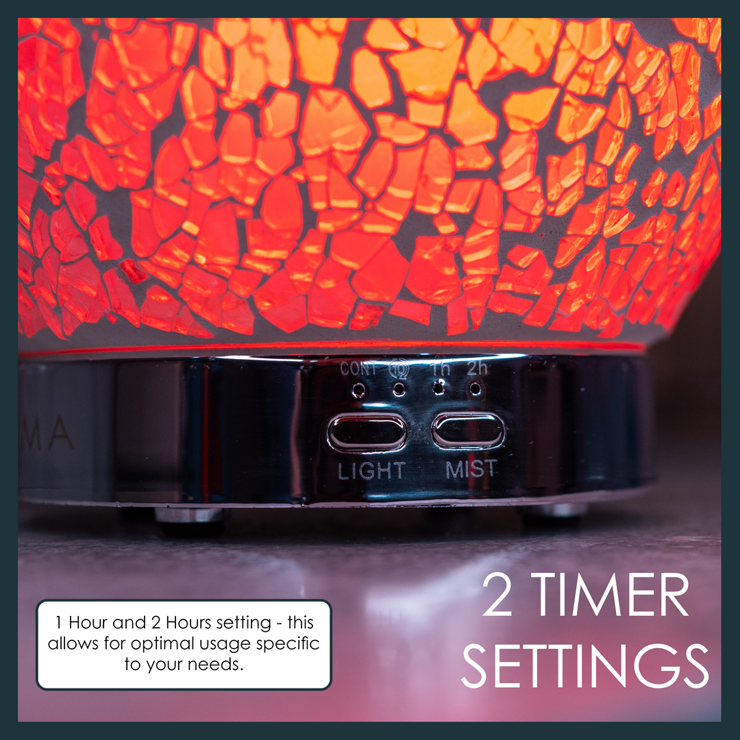 Elegant mosaic diffuser with 1-hour and 2-hour timer settings, perfect for personalized usage.