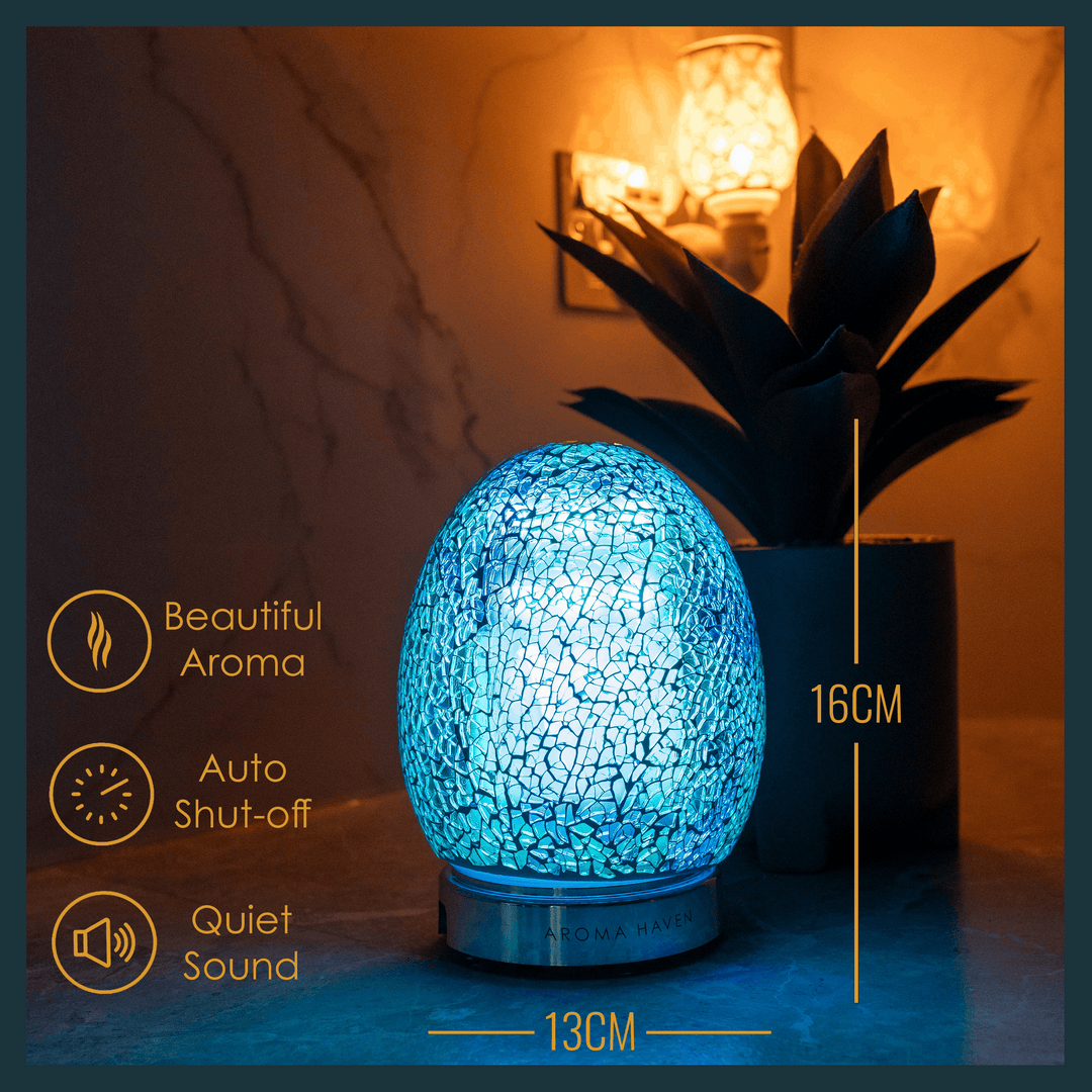 Blue mosaic diffuser, dimensions 16cm x 13cm, with quiet sound, auto shut-off, and emits a pleasant aroma.