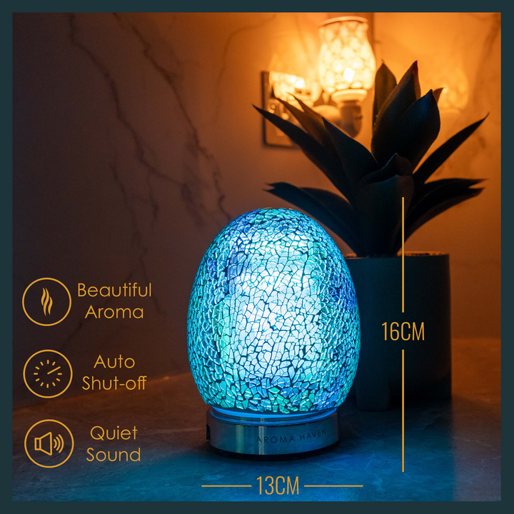 Blue mosaic diffuser, dimensions 16cm x 13cm, with quiet sound, auto shut-off, and emits a pleasant aroma.