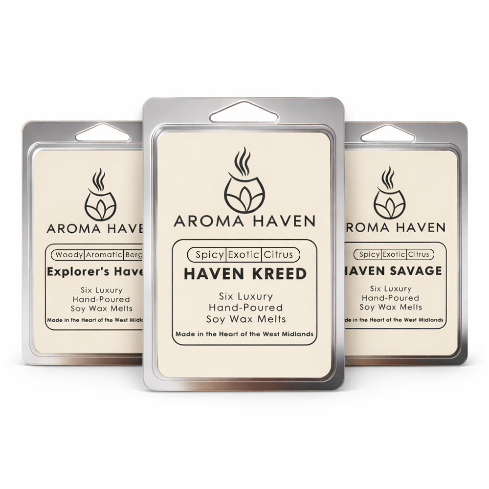 Three packages of Aroma Haven wax melts on a white background