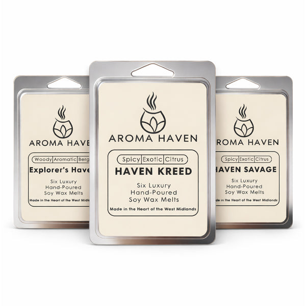 Three packages of Aroma Haven wax melts on a white background