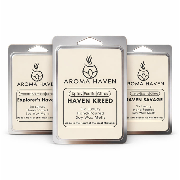 Three packages of Aroma Haven wax melts on a white background