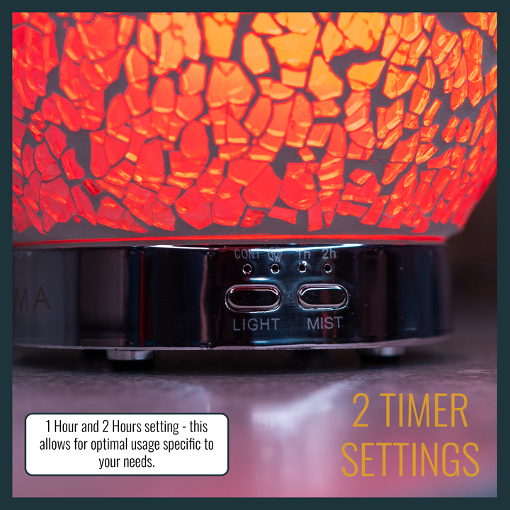 Adjustable diffuser base featuring 1-hour and 2-hour timers, with intuitive light and mist controls for a personalized experience.