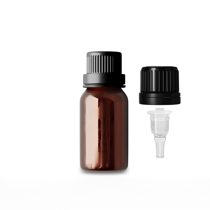 Amber glass bottle with black dropper cap and clear plastic dropper, refillable and perfect for storing essential oils.