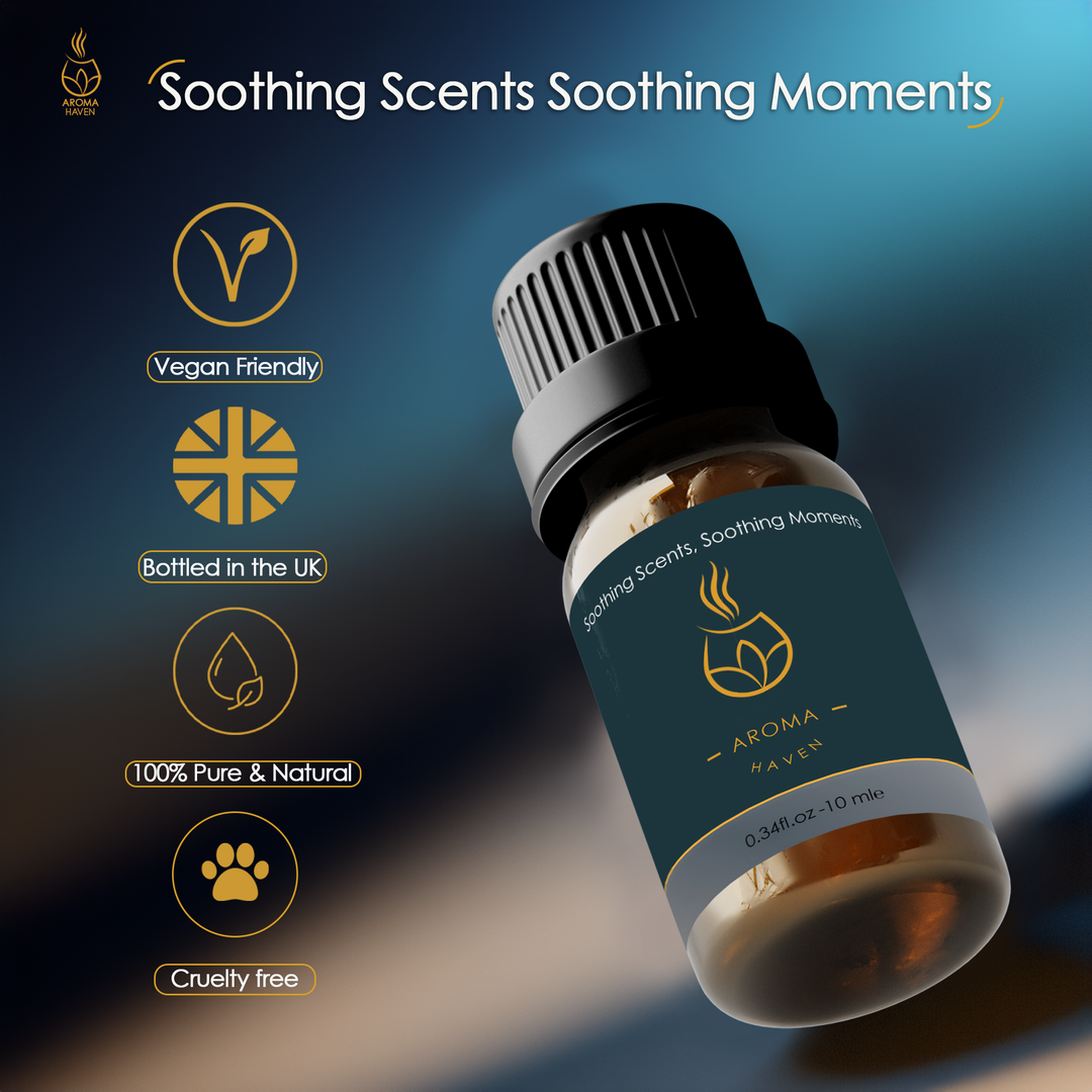 High-quality Aroma Haven diffuser oil, emphasizing vegan-friendly, UK-bottled, pure, and cruelty-free benefits for soothing moments.