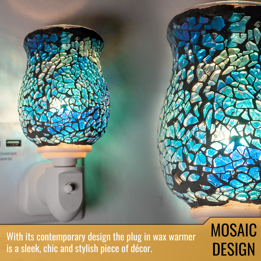 Decorative blue mosaic plug-in wax warmer, ideal for adding fragrance and style to any room.