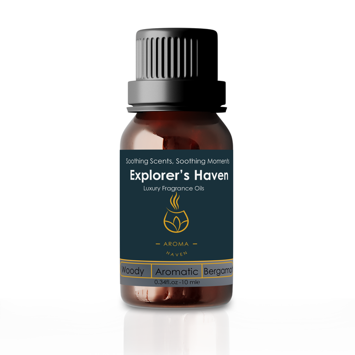 Explorer's Haven" luxury fragrance oil by Aroma Haven, featuring woody, aromatic, and bergamot scents.