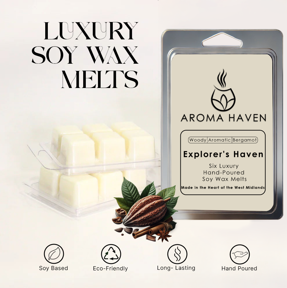 Aroma Haven soy wax melts packaging with wax melts and spices on a white background
