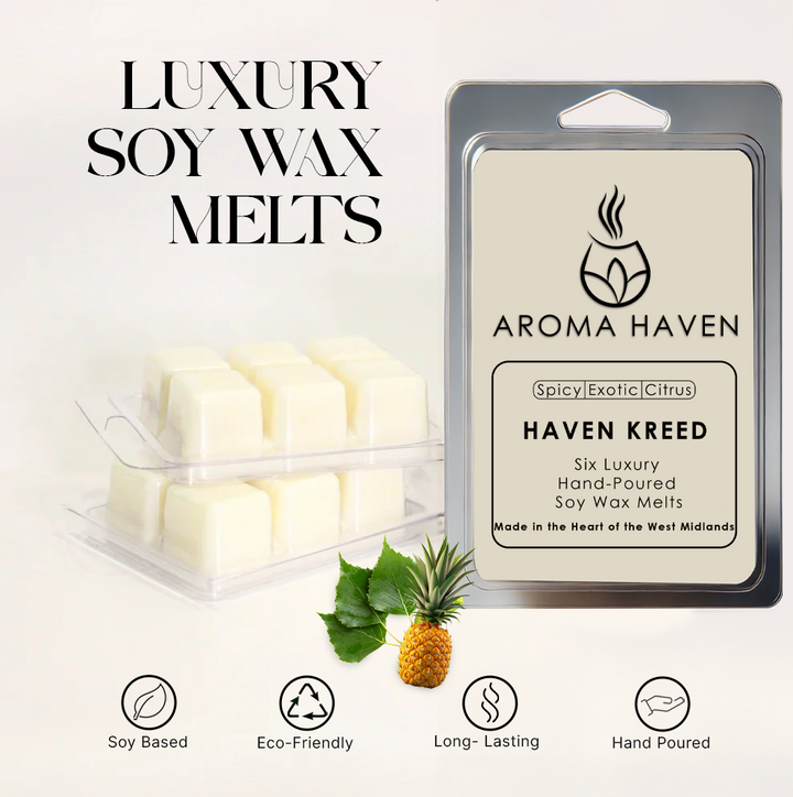 Aroma Haven soy wax melts packaging with product and branding details.