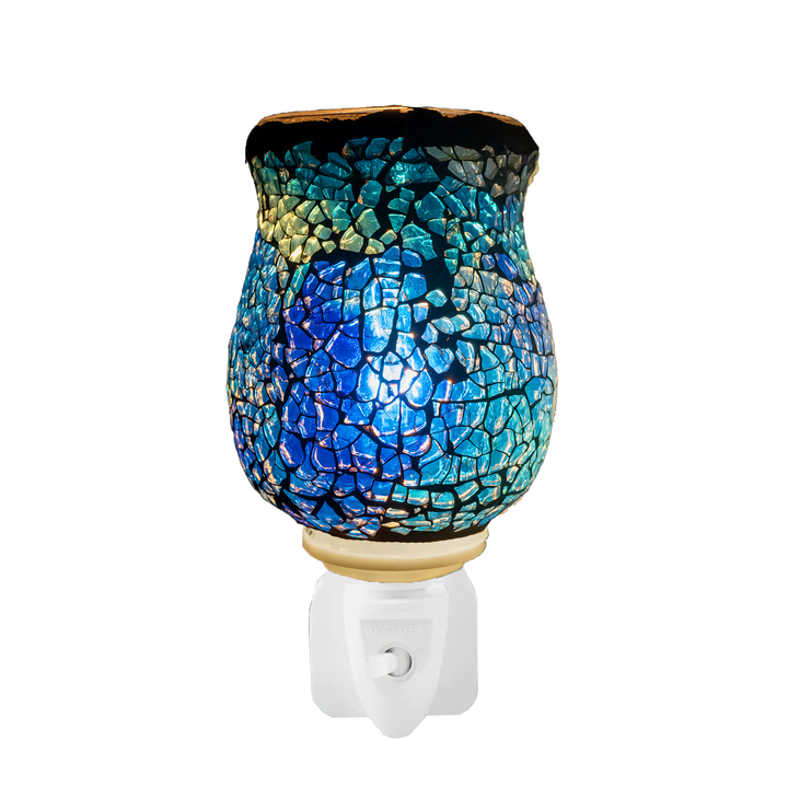 S2 Crackle Blue Mosaic Plug-In Warmer, Electric Wax Melt Burner and Night Light, ideal for aromatic home fragrance, available at Aroma Haven UK.