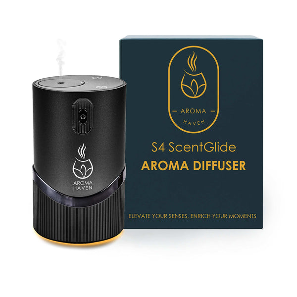 Black ScentGlide Aroma Diffuser with Aroma Haven packaging on a white background