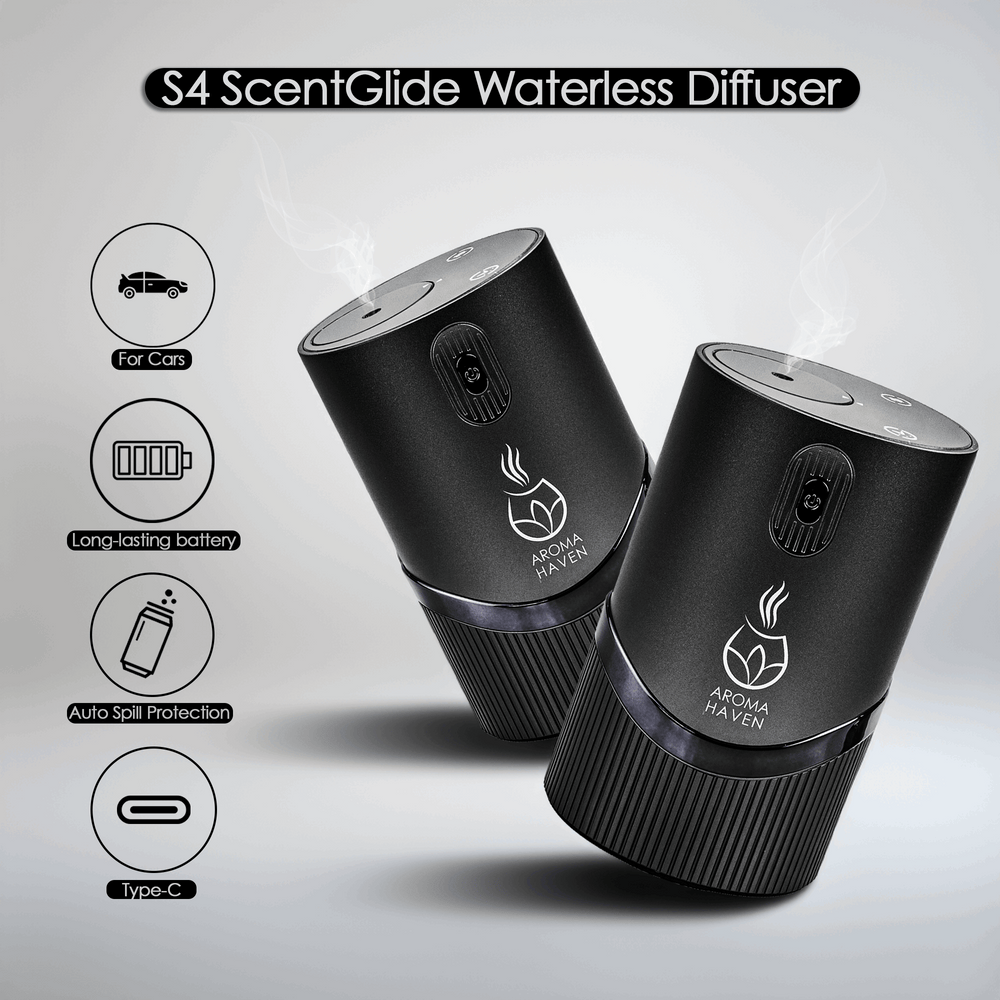Aroma Haven S4 ScentGlide  waterless electric diffuser for cars, featuring auto spill protection and Type-C port.