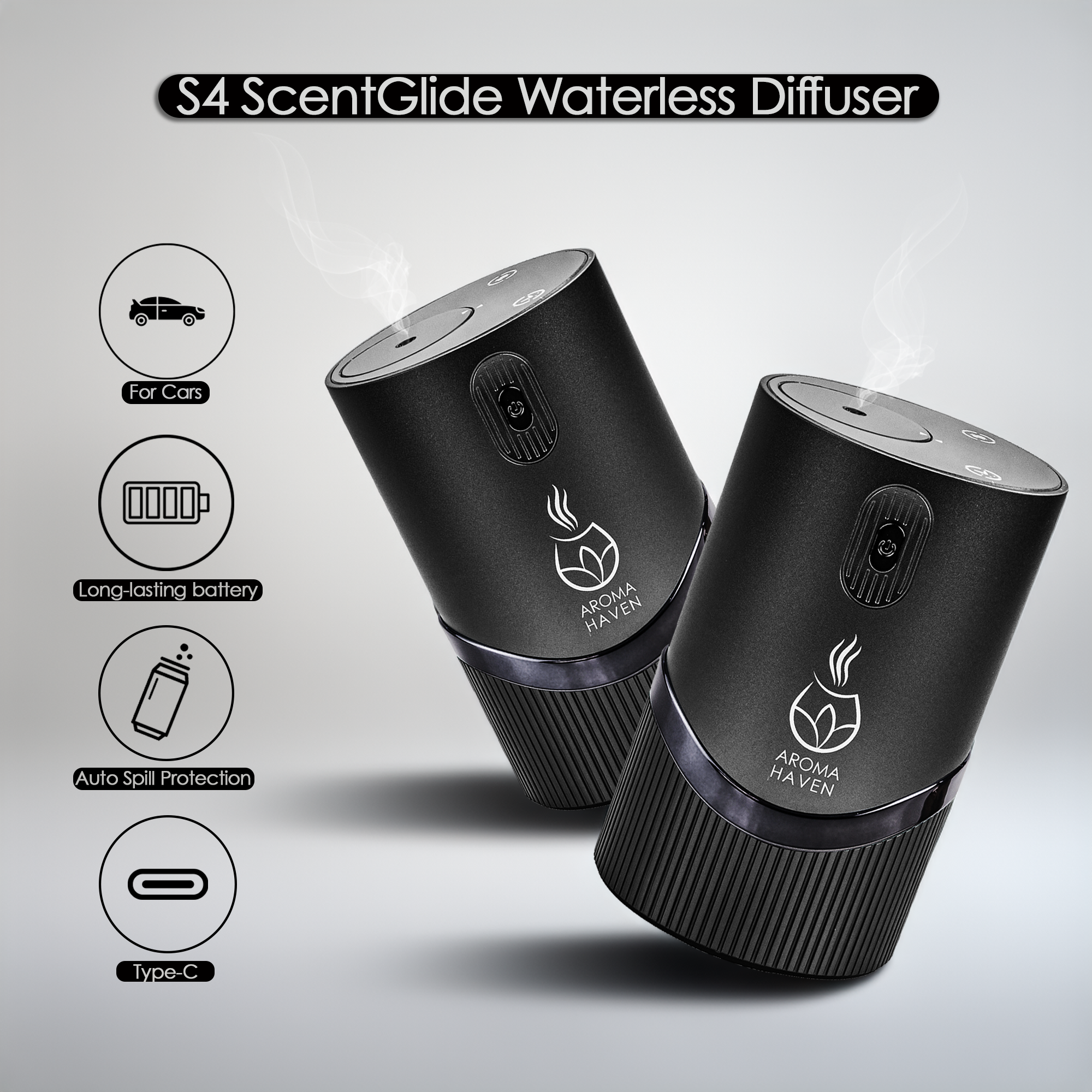 Aroma Haven S4 ScentGlide  waterless electric diffuser for cars, featuring auto spill protection and Type-C port.