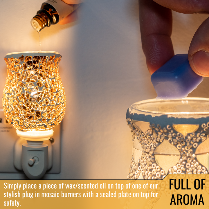 Using a plug-in mosaic wax warmer with scented oil and wax melt for a safe and fragrant home.