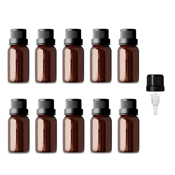 Set of ten amber glass bottles with black dropper caps and one extra clear dropper, ideal for essential oils. Refillable and for sale.