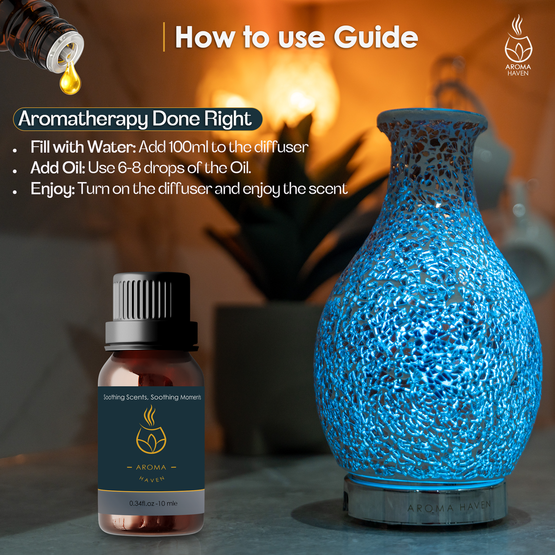 Guide on using Aroma Haven diffuser oils: Add 100ml water, 6-8 drops of oil, and enjoy the soothing scent.